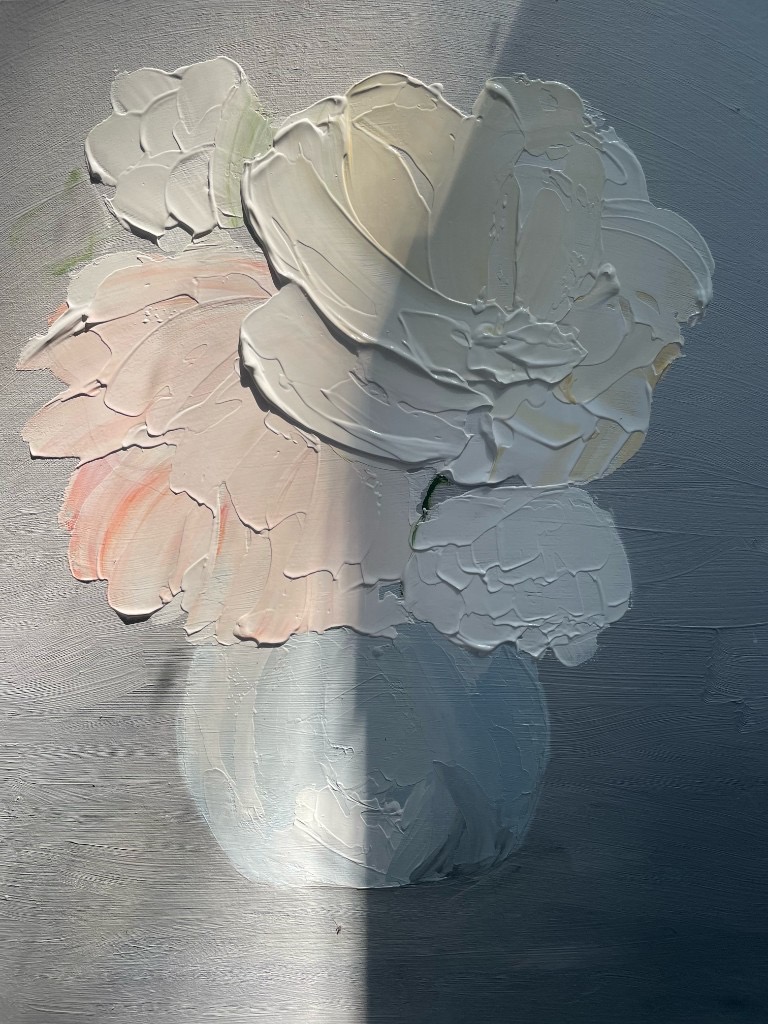 Impasto painting of pale peonies and roses in a vase